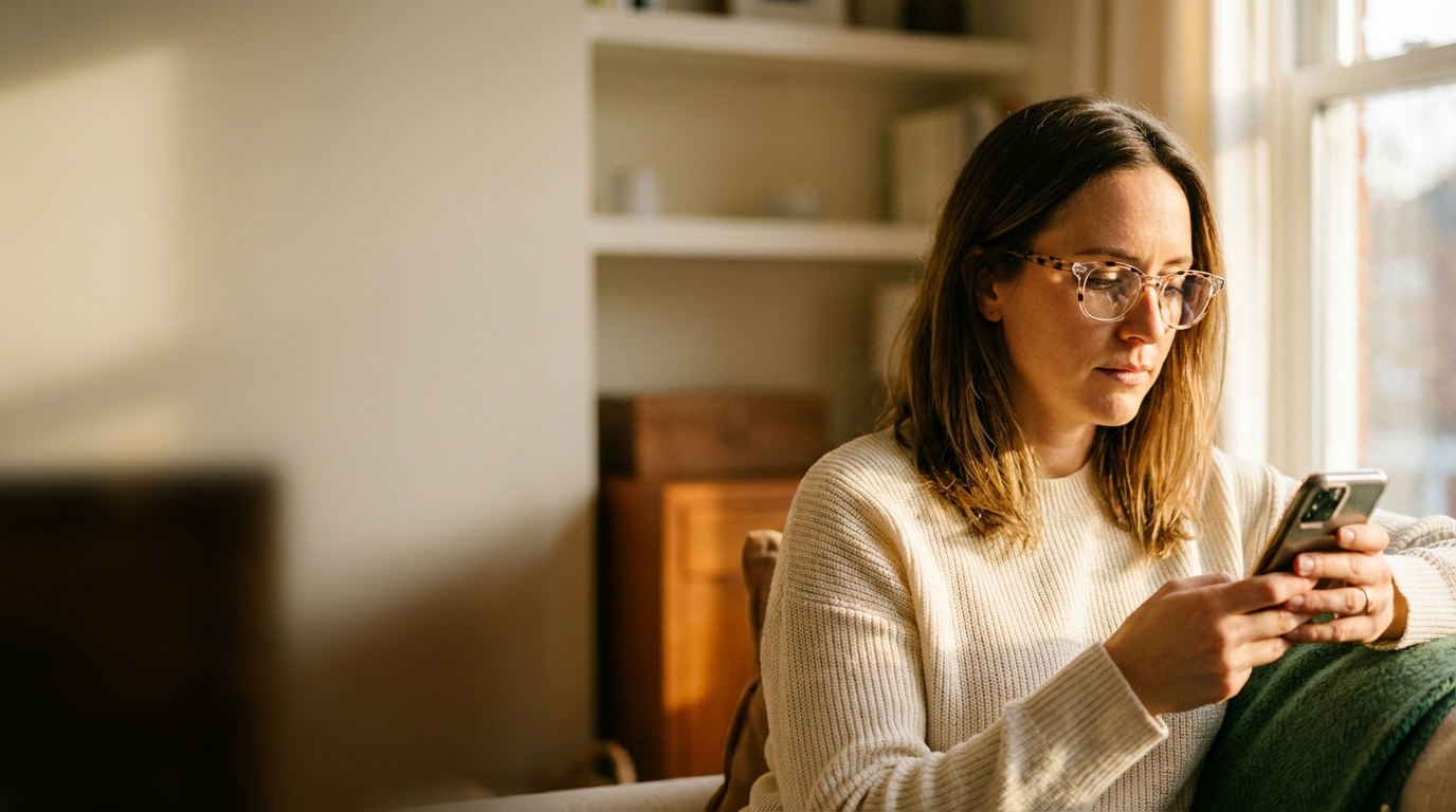 A patient browsing frames on a phone at home